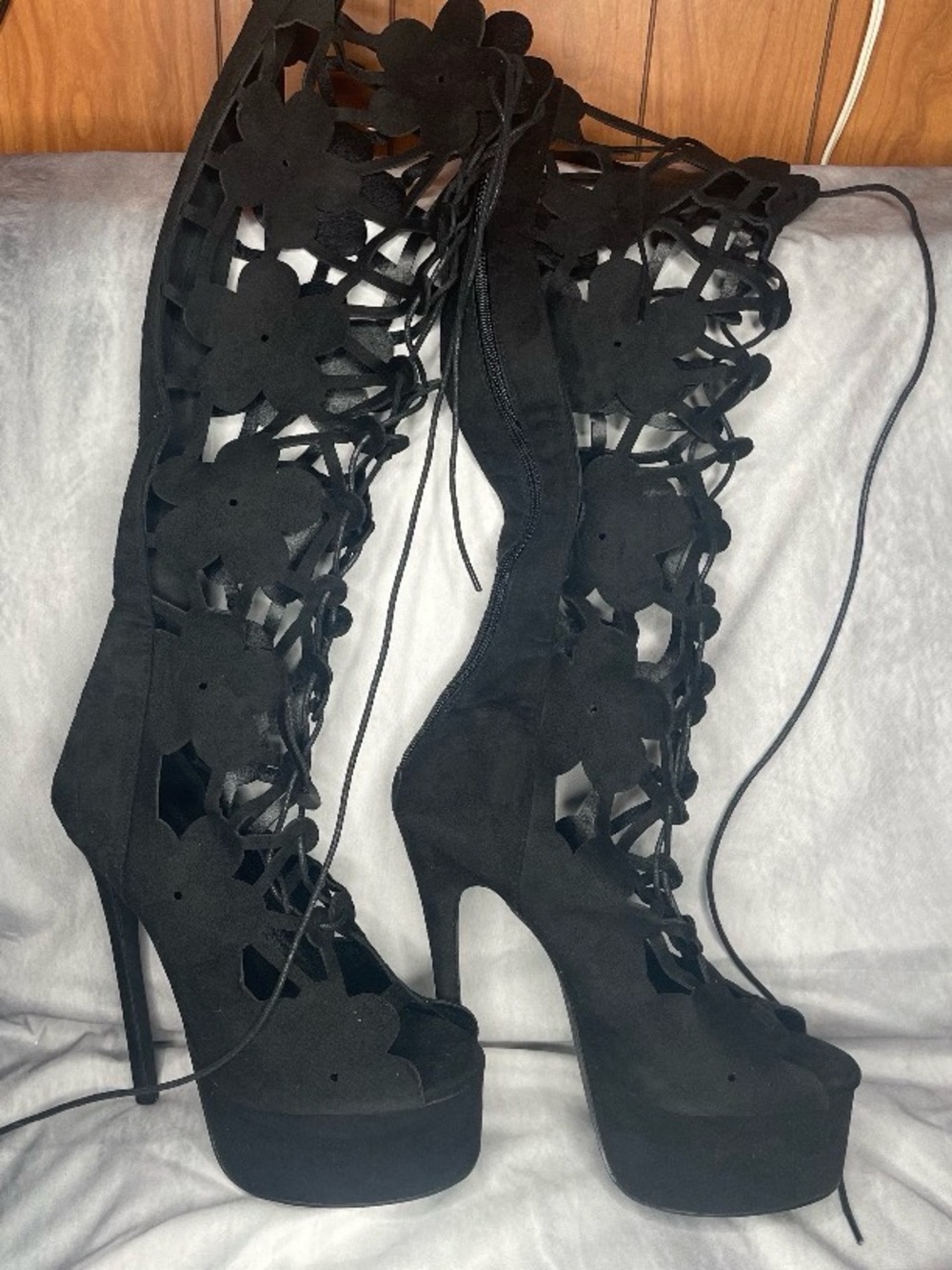 Black Floral Cutout Lace-Up Platform Stiletto Knee-High Heels
